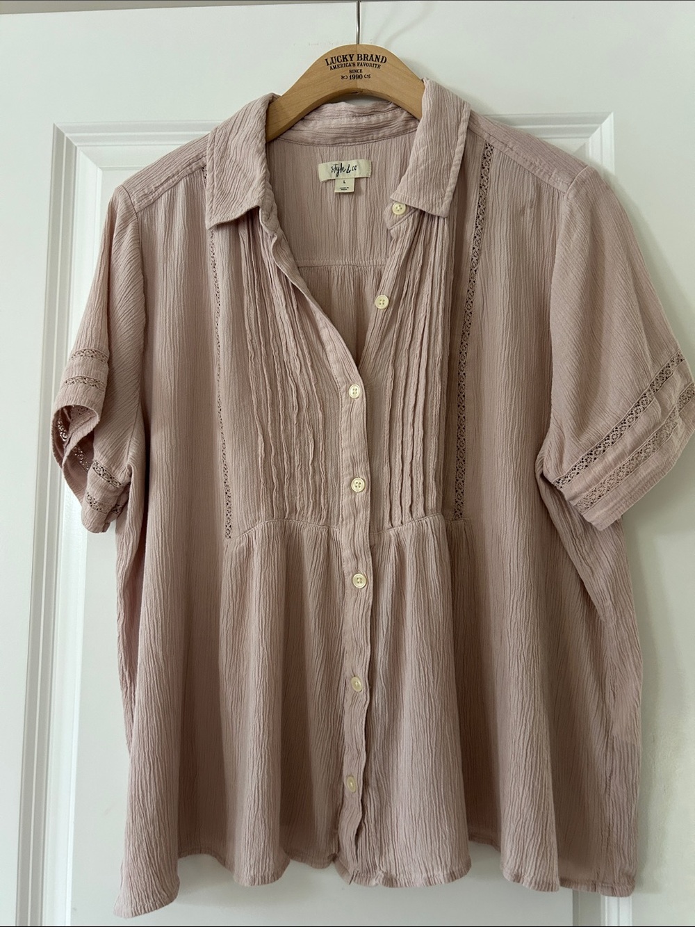 Style & Co Blush Peasant Blouse Sz L w MEASUREMENTS Pin-tuck Pleats, Crochet